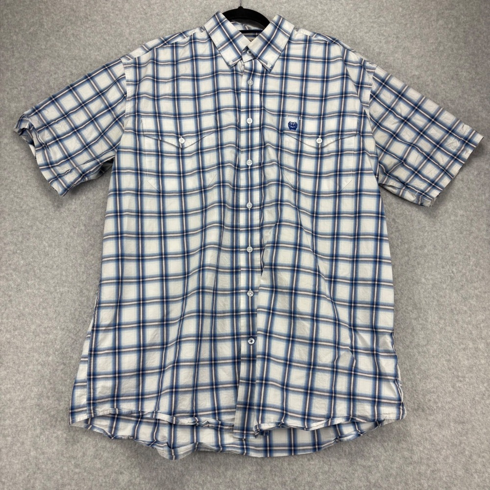 Cinch Button Down Shirt Mens L Blue Plaid Short Sleeve Western Cowboy Rodeo Work
